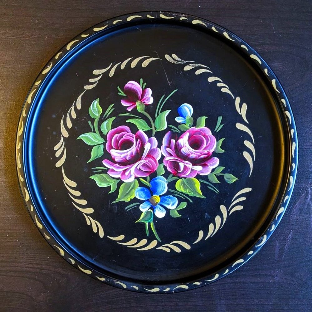 Vintage Nashco 11" Hand Painted Floral Toleware Serving Tray, USA